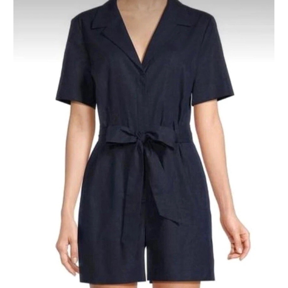 Alex Marie Della Romper Women's Sz 4 Navy‎ Linen Sash Waist Notch Collar Pockets